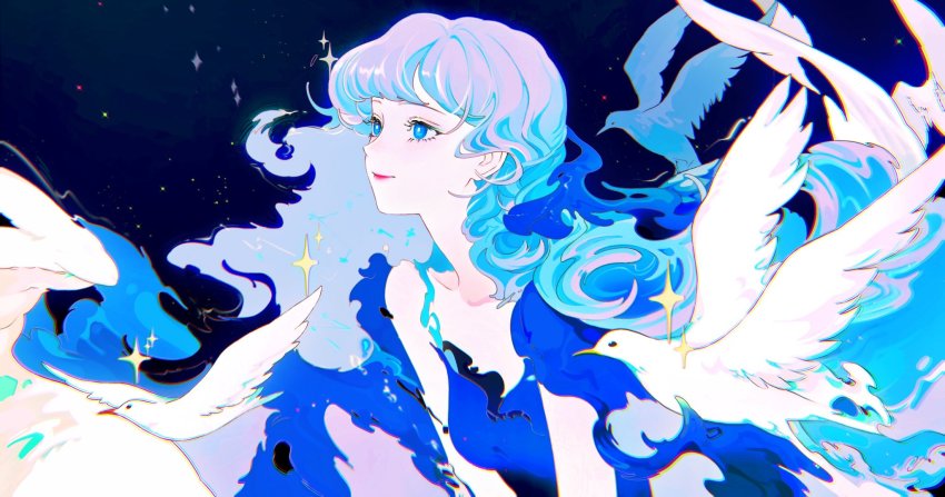 1girl, aqua_hair, bird, black_background, blue_dress, blue_eyes, blunt_bangs, breasts