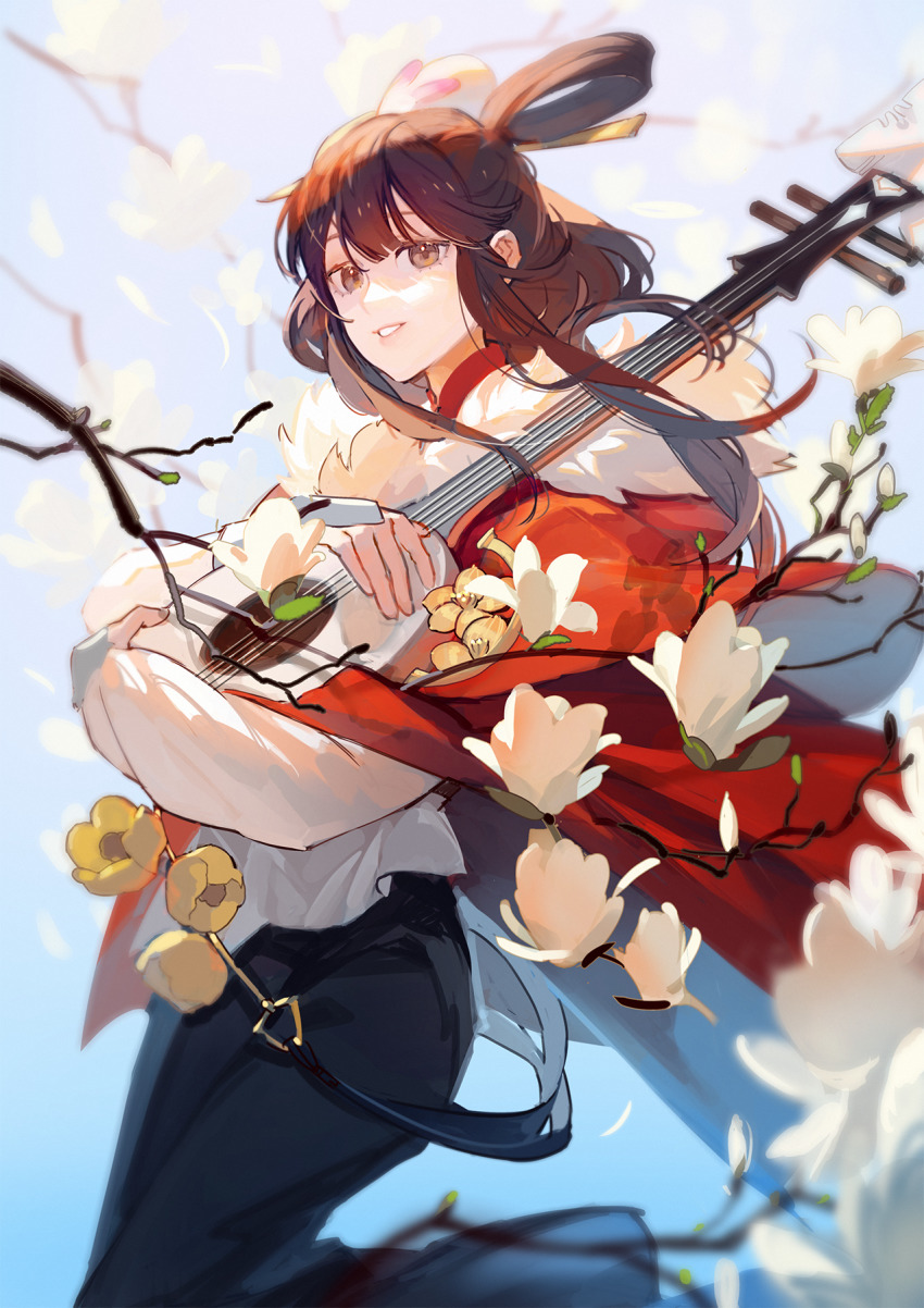 1girl, black_dress, blunt_bangs, blurry, blurry_background, blurry_foreground, branch, brown_eyes