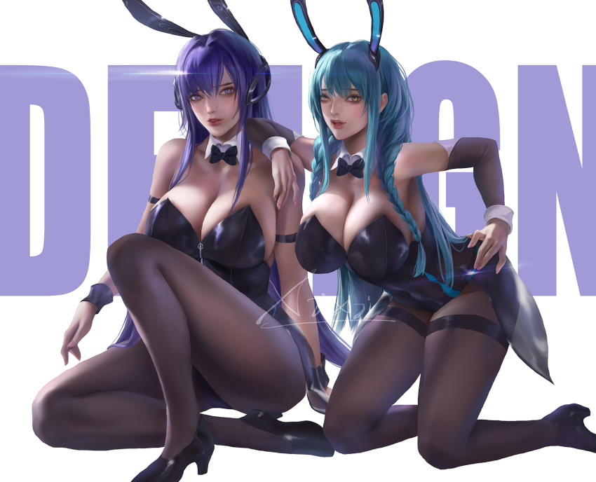 2girls, animal_ears, arm_on_another's_shoulder, azur_lane, black_footwear, black_leotard, black_pantyhose, blue_hair
