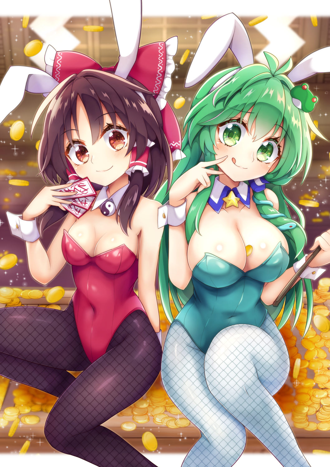 2girls, :d, animal_ears, black_pantyhose, bow, bowtie, brown_eyes, brown_hair