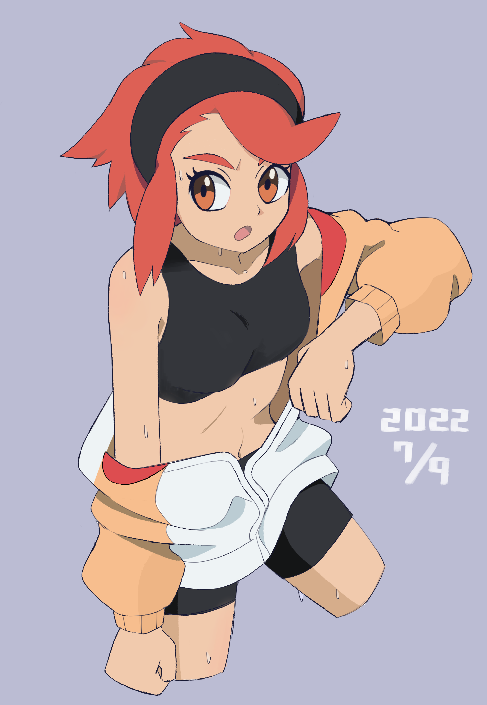 1girl, :o, bike_shorts, bl_happinas, breasts, clenched_hands, collarbone, cropped_legs