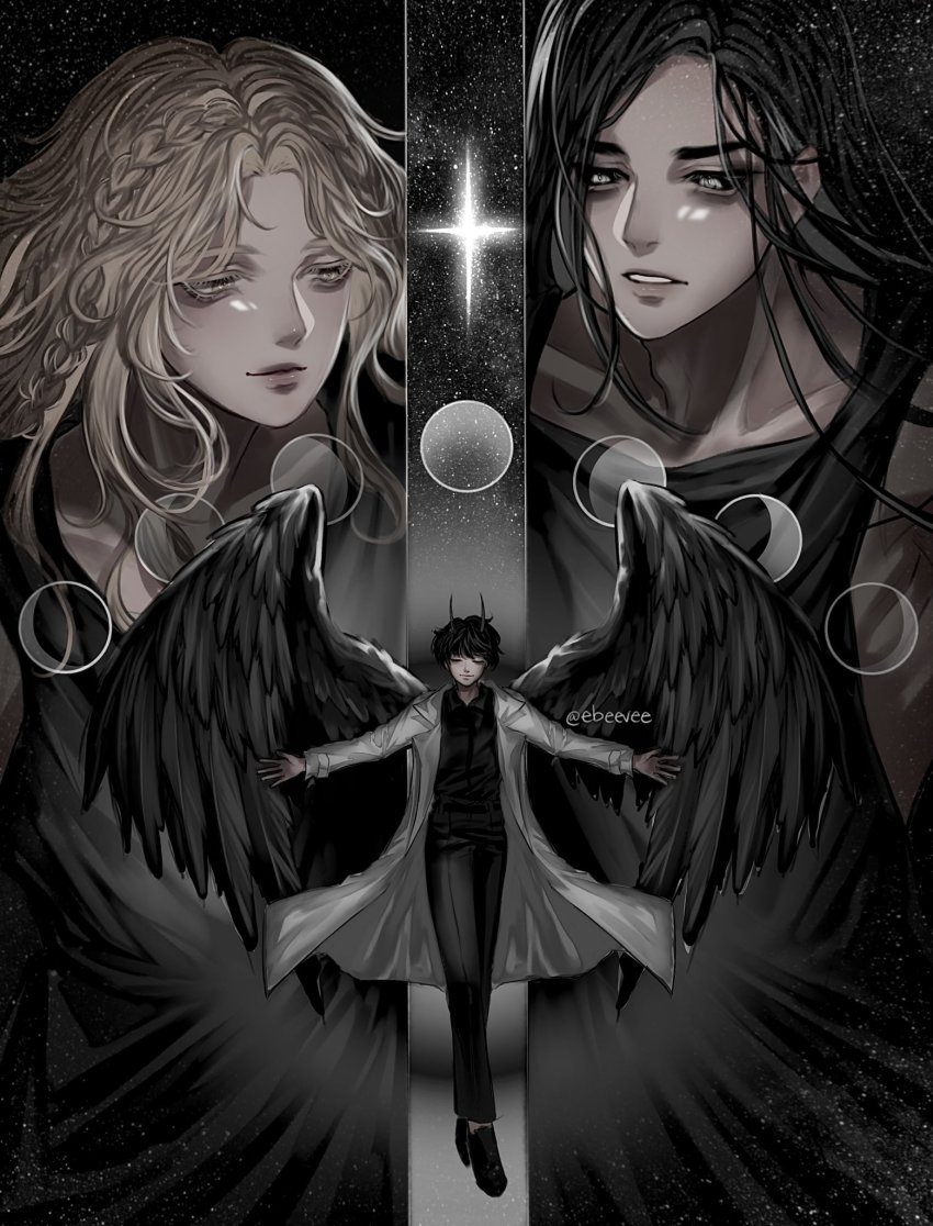 1girl, 2boys, artist_name, black_hair, black_sclera, black_shirt, black_wings, blonde_hair