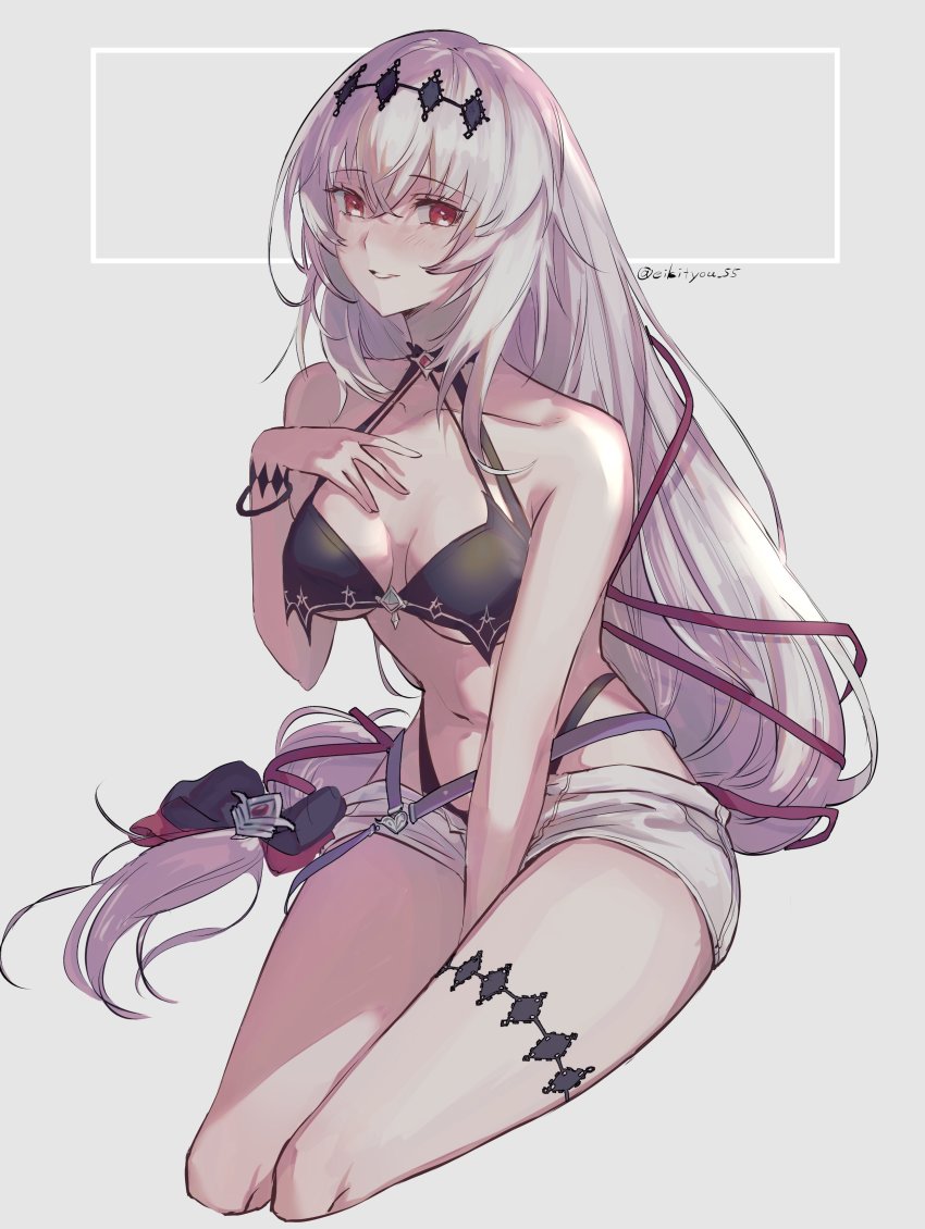 1girl, absurdres, bare_shoulders, between_legs, bikini, black_bikini, breasts, collarbone