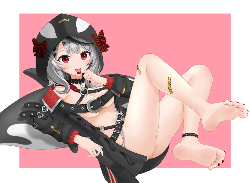 1girl, animal_hood, anklet, barefoot, belt, border, bow, breasts