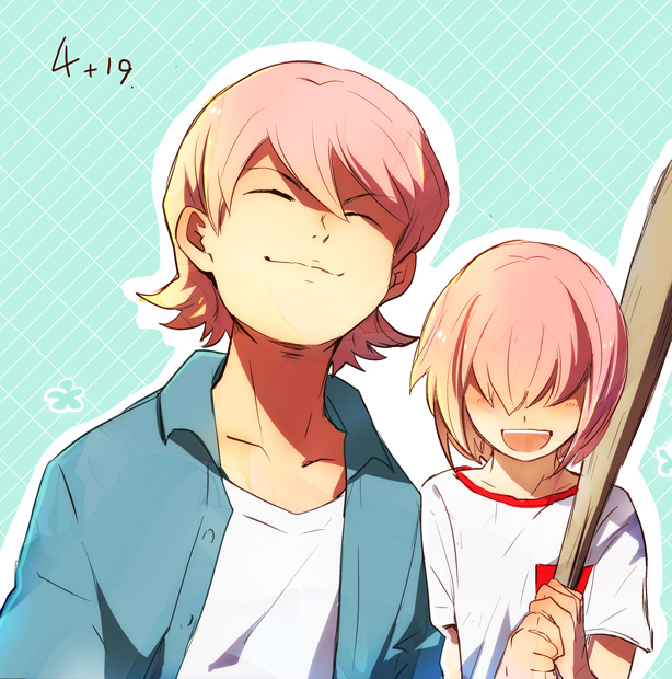 2boys, :d, ace_of_diamond, baseball_bat, blue_shirt, brothers, hair_over_eyes, holding