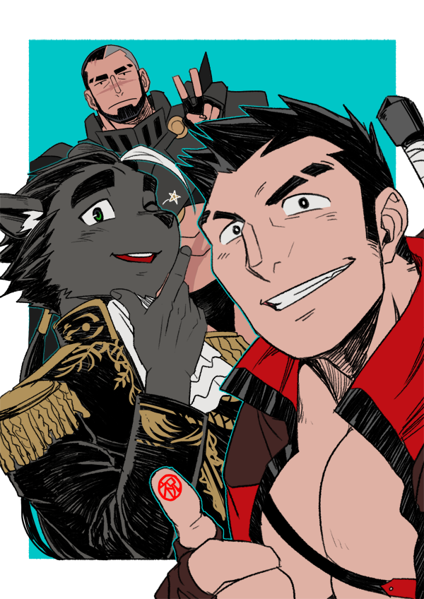 absol_(dkqthf), another_eidos-r, armor, beard, black_eyes, black_hair, blue_background, buzz_cut