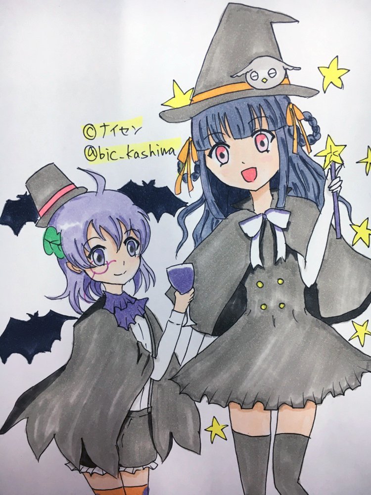 2girls, halloween, halloween_costume, hat, honten-tan, kashiwa-tan, multiple_girls, witch