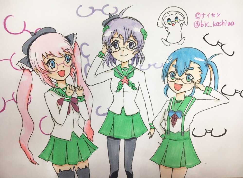 1other, 3girls, akiba-tan, blue_hair, green_skirt, kashiwa-tan, machida-tan, multiple_girls