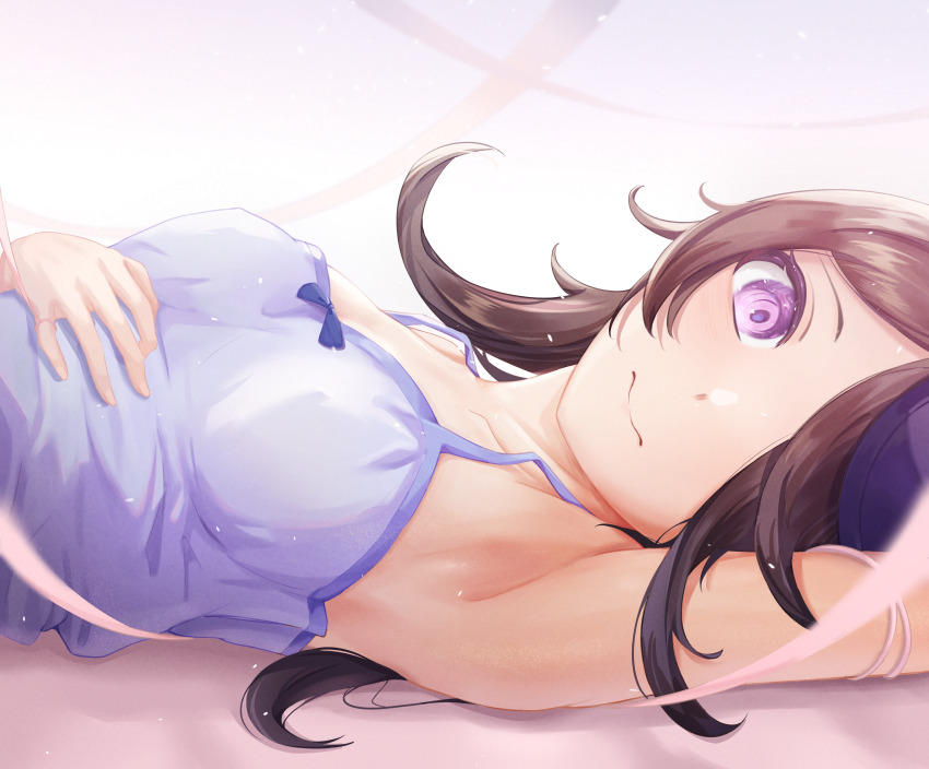 1girl, absurdres, armpit_crease, blue_bow, blue_camisole, bow, bow_camisole, breasts
