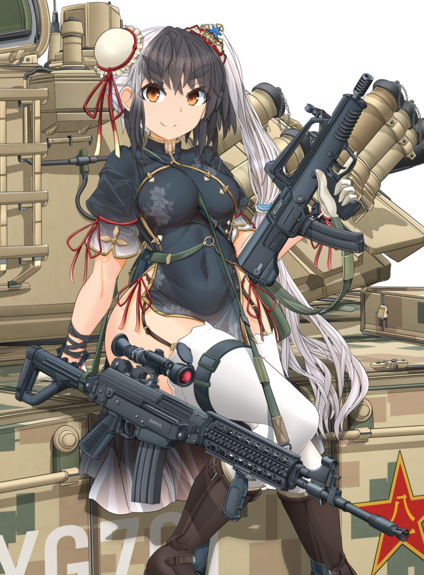 1girl, absurdres, assault_rifle, between_breasts, black_boots, black_dress, black_hair, black_leotard