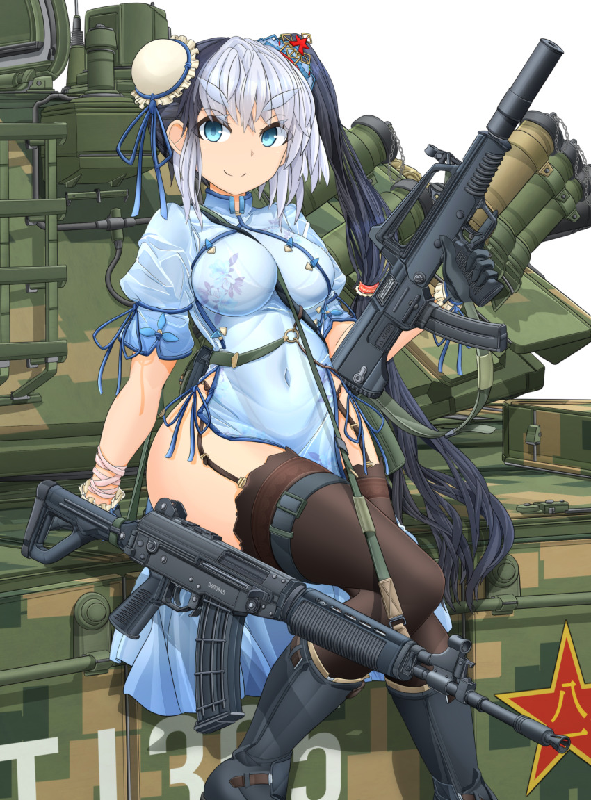 1girl, absurdres, assault_rifle, between_breasts, black_boots, black_hair, black_leotard, boots