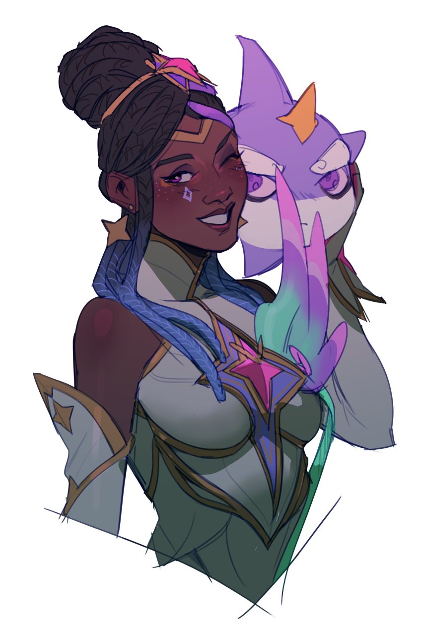 1girl, absurdres, black_hair, blue_hair, dark-skinned_female, dark_skin, ear_piercing, grin, highres, league_of_legends, lech3asada, multicolored_hair, one_eye_closed, piercing, purple_eyes, senna_(league_of_legends), smile, star_guardian_senna, teeth, two-tone_hair, white_background
