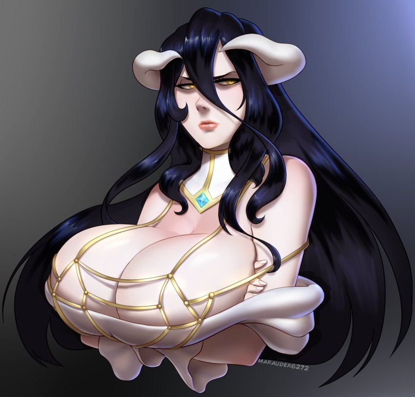 1girl, albedo_(overlord), black_hair, breasts, clothes, female_focus, highres, horns