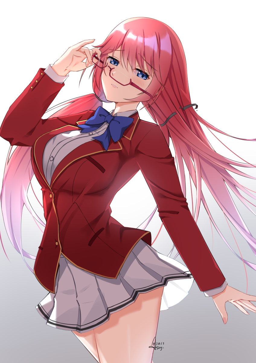 1girl, advanced_nurturing_high_school_uniform, blue_bow, blue_bowtie, bow, bowtie, cowboy_shot, dress_shirt