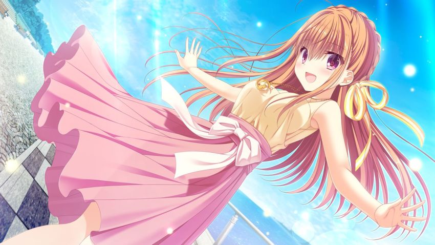 1girl, :d, bare_arms, blue_sky, blush, braid, brown_hair, crown_braid