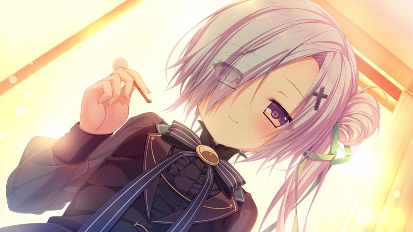 1girl, backlighting, black_ribbon, black_shirt, black_vest, closed_mouth, cross_hair_ornament, da_capo