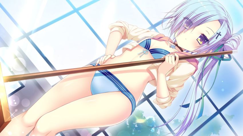 1girl, bare_legs, bikini, blue_bikini, blue_hair, blush, breasts, cleavage, closed_mouth, collarbone, cross_hair_ornament, da_capo, da_capo_iv, dutch_angle, eyes_visible_through_hair, game_cg, green_ribbon, hair_ornament, hair_over_one_eye, hair_ribbon, hand_on_own_hip, holding, hood, hood_down, hooded_jacket, houjou_shiina, jacket, lens_flare, long_hair, looking_at_viewer, open_clothes, open_jacket, ribbon, side_ponytail, small_breasts, solo, standing, swimsuit, very_long_hair, yellow_eyes, yellow_jacket