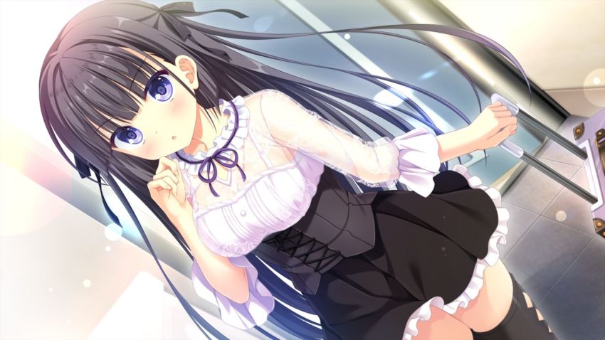 1girl, :o, black_hair, black_ribbon, black_skirt, black_thighhighs, blue_eyes, blunt_bangs