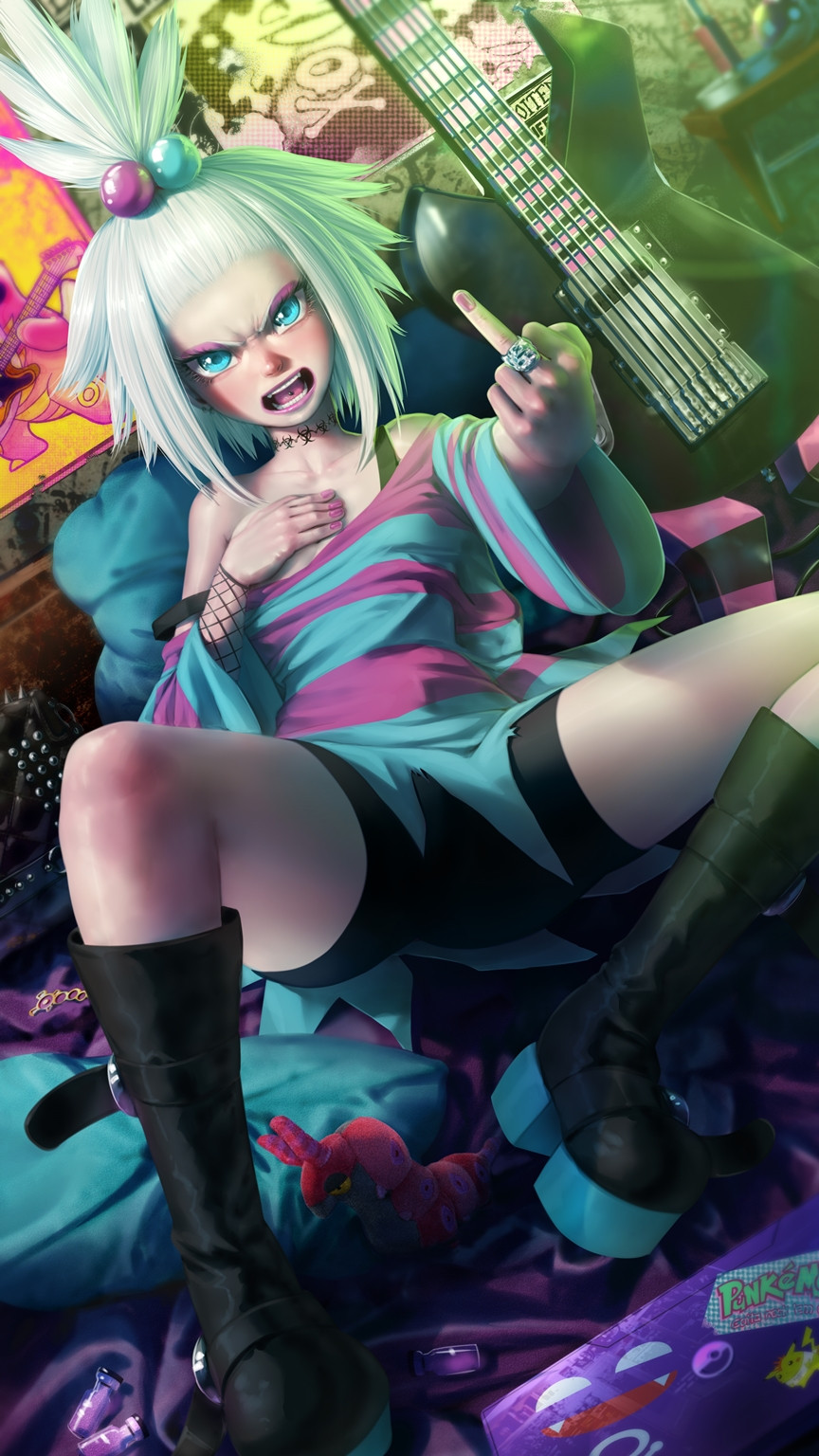 1girl, badge, bass_guitar, bike_shorts, black_boots, blue_eyes, boots, bra_strap, covering_chest, covering_privates, dress, forehead, freckles, gen_1_pokemon, gen_5_pokemon, hair_bobbles, hair_ornament, hand_on_own_chest, highres, instrument, jewelry, koffing, looking_at_viewer, lying, middle_finger, nelsonnavarro, nintendo, off_shoulder, on_back, platform_boots, pokemon, pokemon_black_2_and_white_2, poster_(object), ring, roxie_(pokemon), scolipede, shirt, solo, sticker, striped_clothes, striped_dress, striped_shirt, stuffed_toy, topknot, wardrobe_malfunction, white_hair