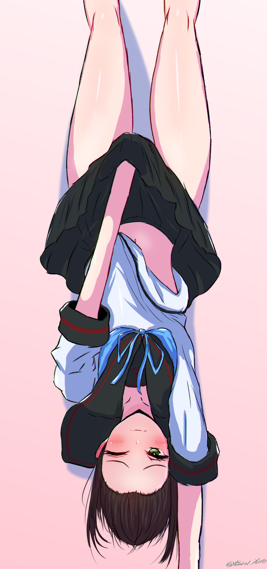 1girl, absurdres, black_hair, black_sailor_collar, black_skirt, commentary_request, covering_crotch, covering_privates, fubuki_(kancolle), fubuki_kai_ni_(kancolle), handstand, highres, holding_own_skirt, kantai_collection, low_ponytail, lycoris_challenge_(meme), lycoris_recoil, meme, one_arm_handstand, parody, ponytail, sailor_collar, school_uniform, serafuku, shirt, short_ponytail, sidelocks, skirt, solo, upside-down, white_shirt, yoko_hata