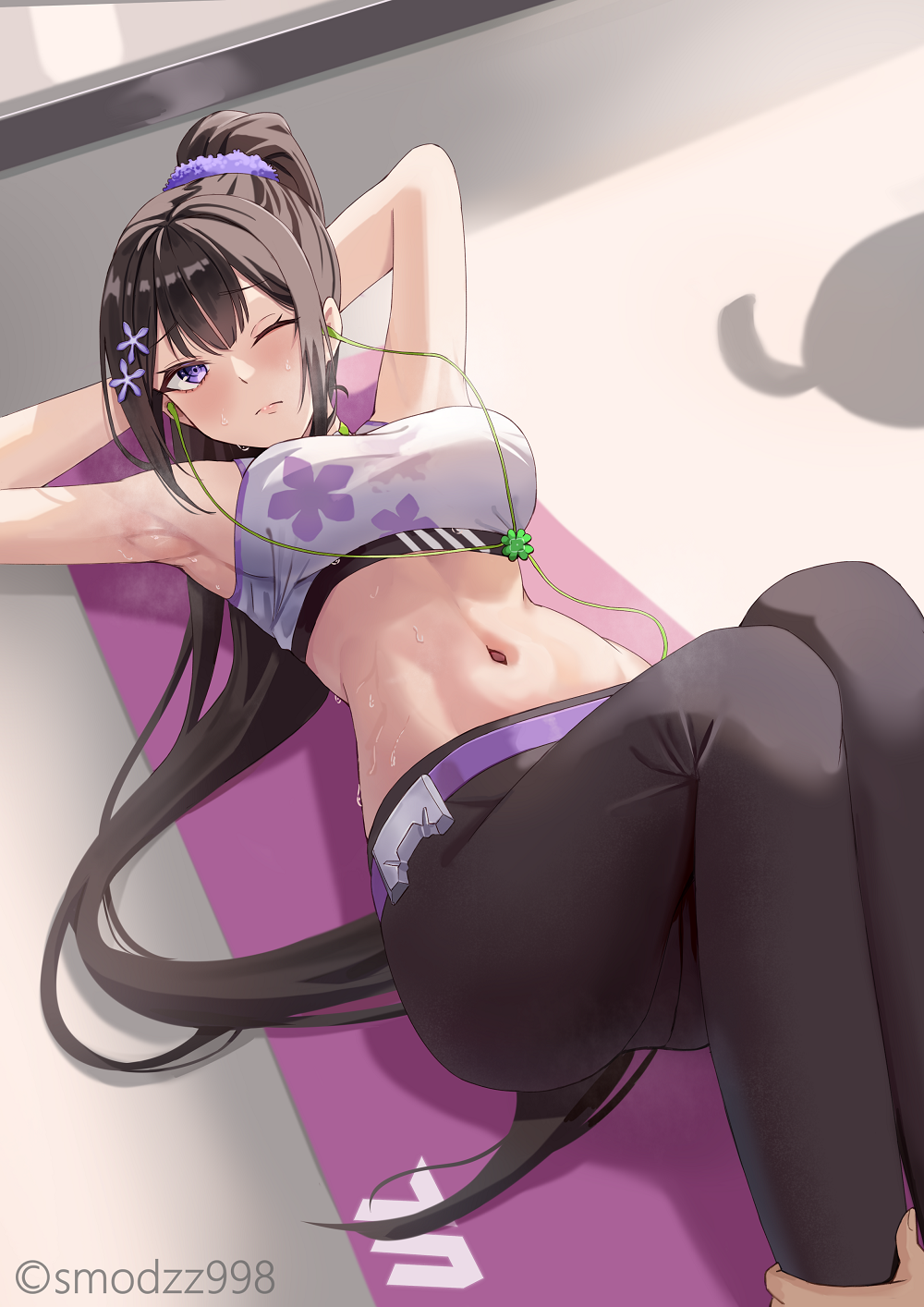 1girl, armpits, arms_behind_head, arms_up, artist_name, bare_arms, bare_shoulders, belt