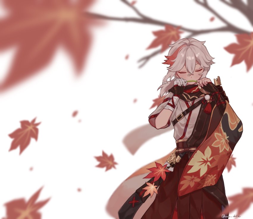 1boy, antenna_hair, bandaged_hand, bandages, black_gloves, black_scarf, closed_eyes, crossed_bangs