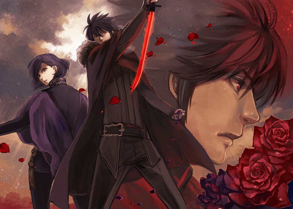 3boys, back-to-back, battle, black_hair, borrowed_character, fantasy, flower, holding