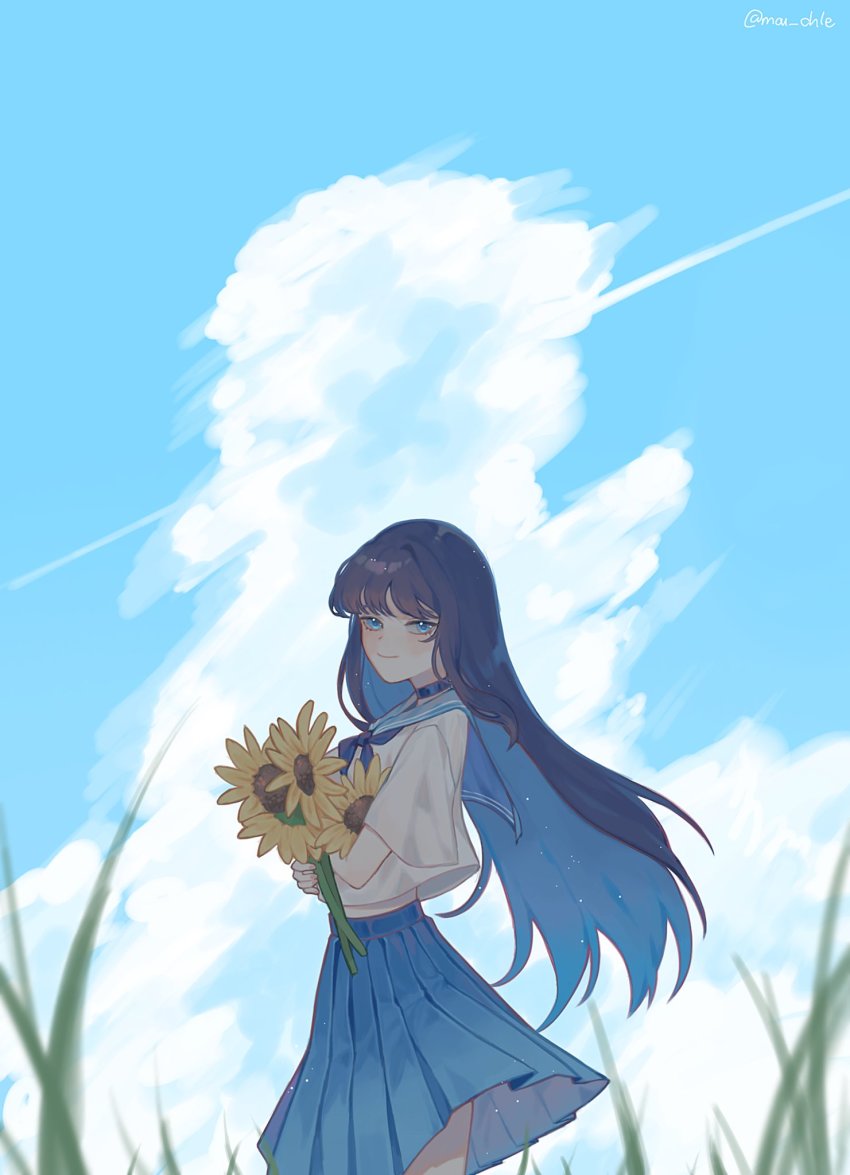 1girl, black_hair, blue_eyes, closed_mouth, cloud, collar, colored_inner_hair, flower