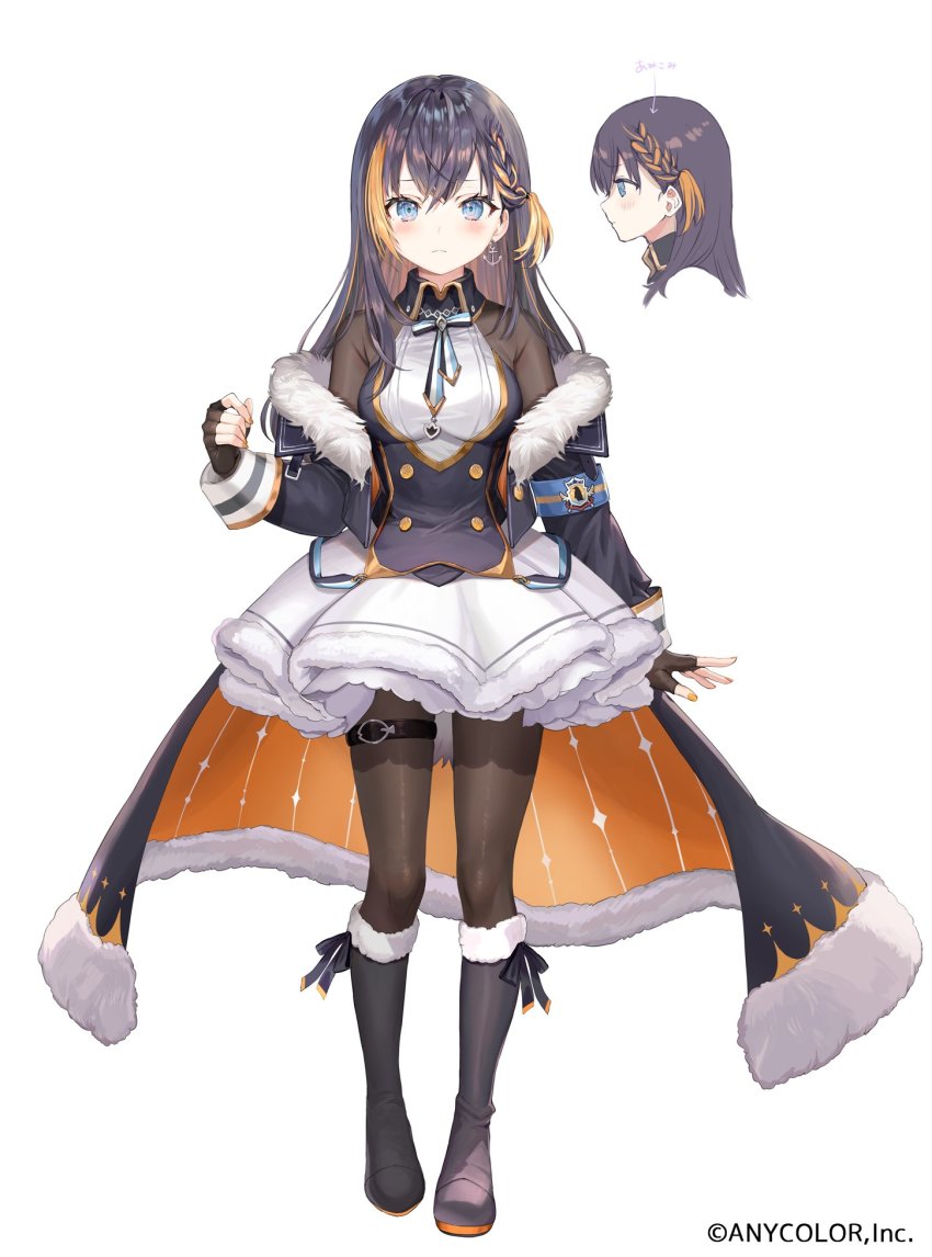 1girl, anchor_earrings, black_footwear, black_gloves, black_jacket, black_pantyhose, blush, boots