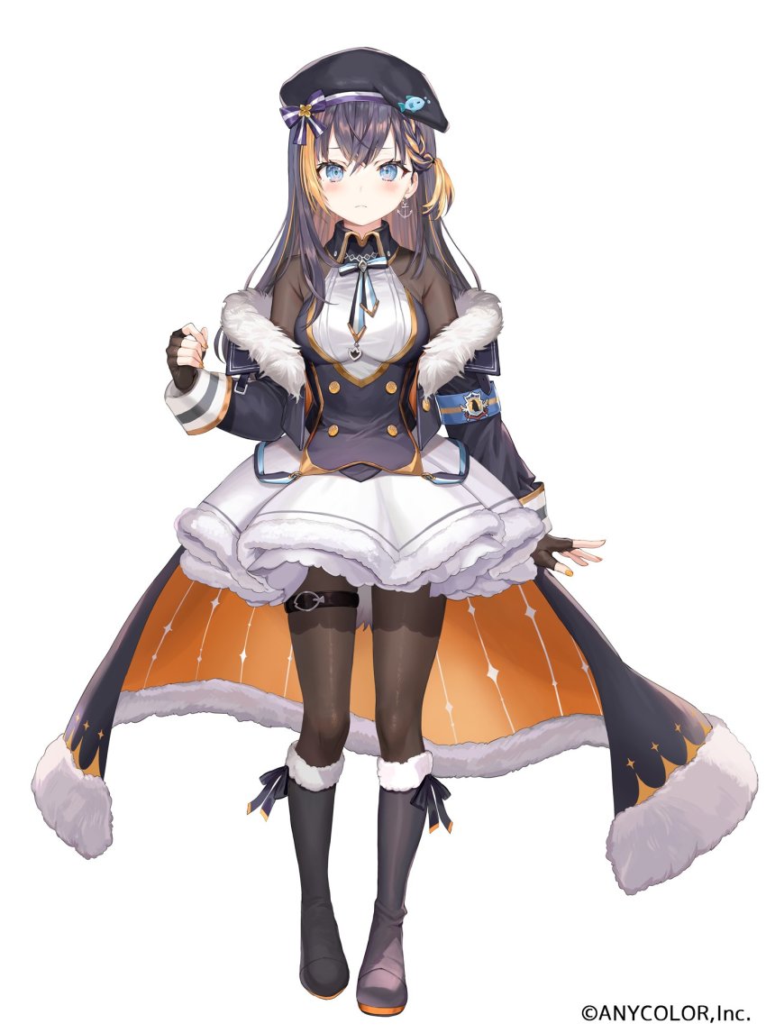 1girl, anchor_earrings, beret, black_boots, black_gloves, black_hat, black_jacket, black_pantyhose