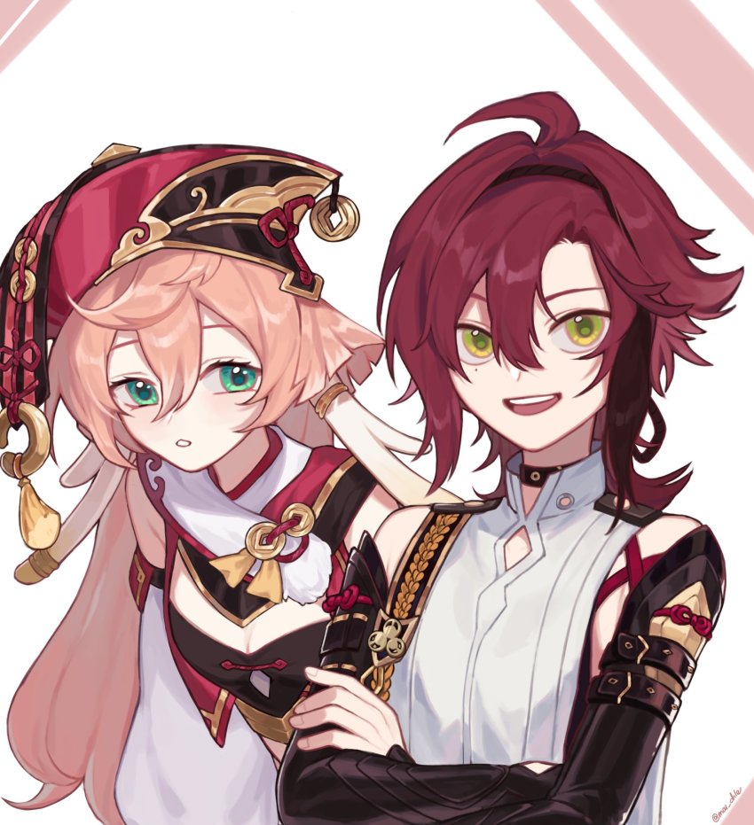 1boy, 1girl, antlers, bare_shoulders, breasts, brown_hair, crop_top, detached_sleeves, genshin_impact, green_eyes, highres, horns, low_ponytail, maichle_(mai_chle30), mole, mole_under_eye, multicolored_hair, pink_hair, ponytail, red_hair, red_headwear, shikanoin_heizou, small_breasts, streaked_hair, yanfei_(genshin_impact)