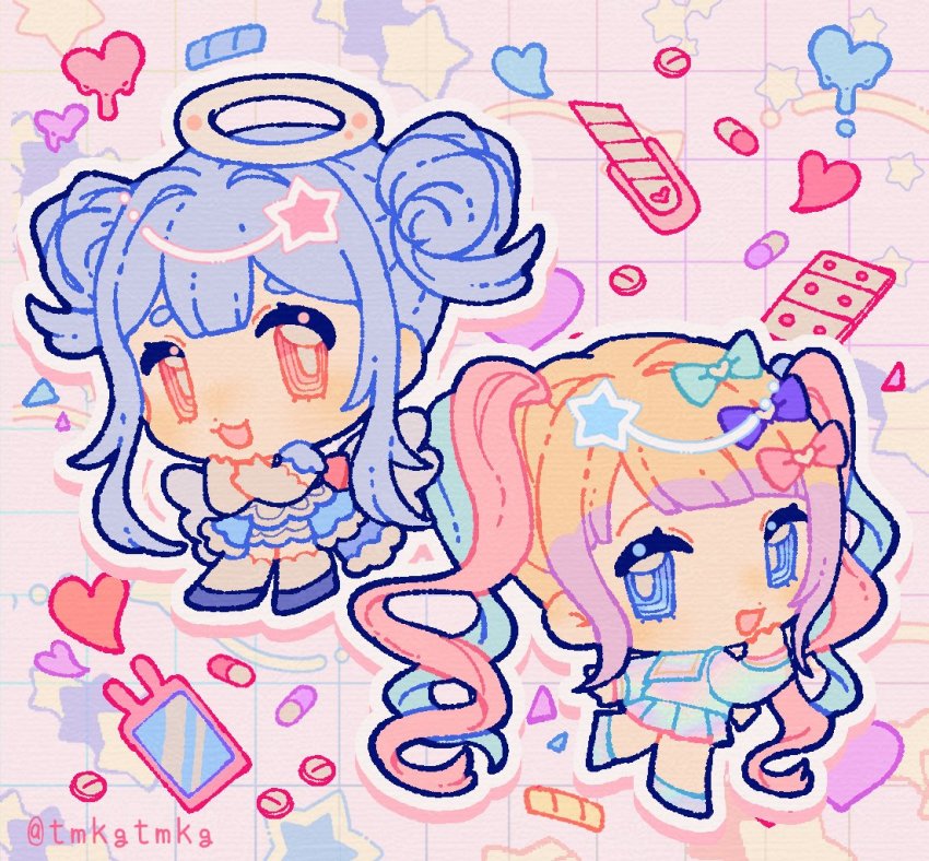 2girls, 3di_project, angel, blue_eyes, blue_hair, blunt_bangs, bow, chibi