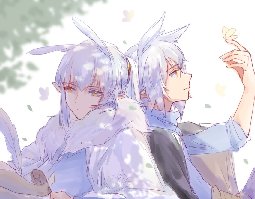 2boys, back-to-back, bai_xiao, bishounen, earrings, fr001104, grey_hair, highres