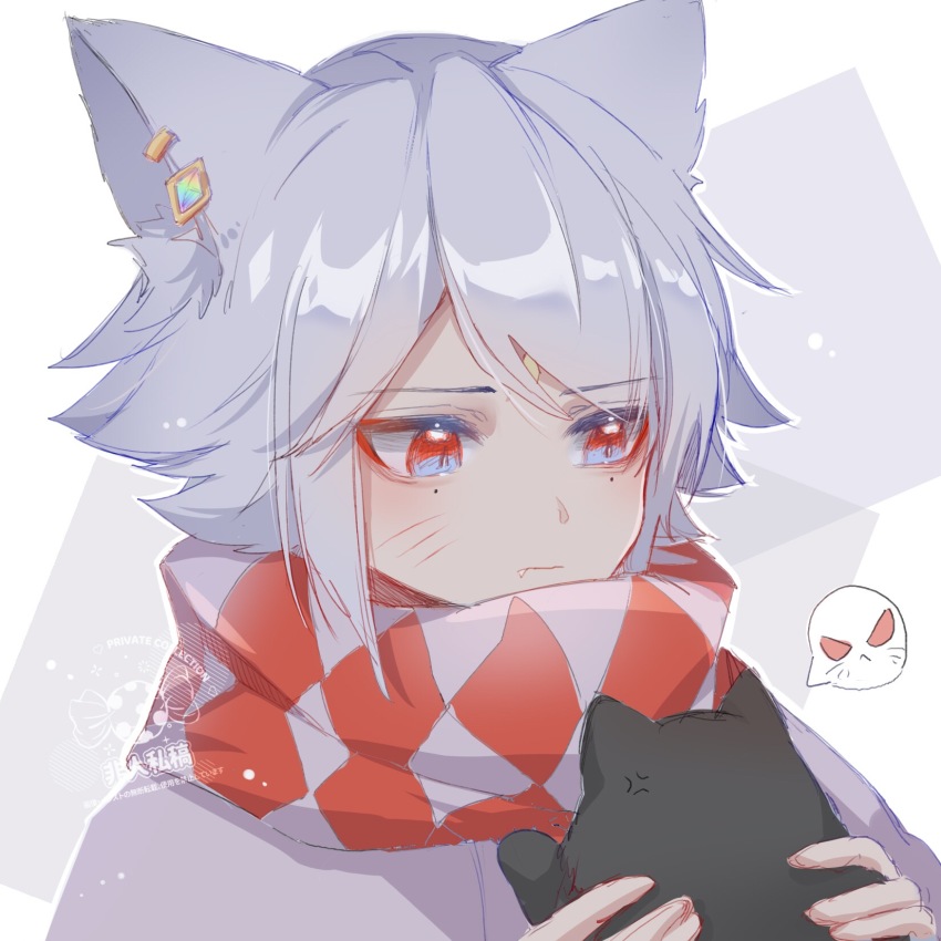 black_cat, cat, character_request, ear_piercing, fr001104, grey_hair, highres, multicolored_eyes, piercing, red_eyes, scarf, sky:_children_of_the_light, solo, white_hair