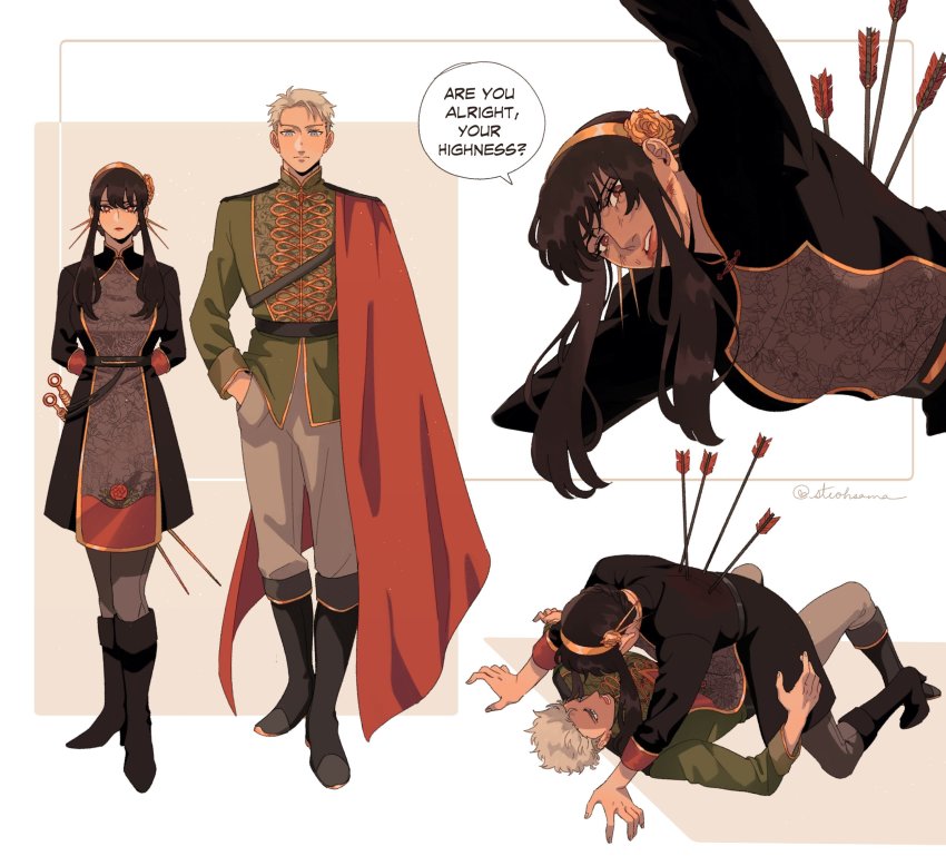 1boy, 1girl, arms_behind_back, arrow_(projectile), arrow_in_body, black_hair, blonde_hair, blue_eyes, boots, cape, english_text, flower, hair_flower, hair_ornament, hairband, hand_in_pocket, highres, long_bangs, needle_sword, red_eyes, short_hair, speech_bubble, spy_x_family, steohsama, sword, twilight_(spy_x_family), weapon, yor_briar