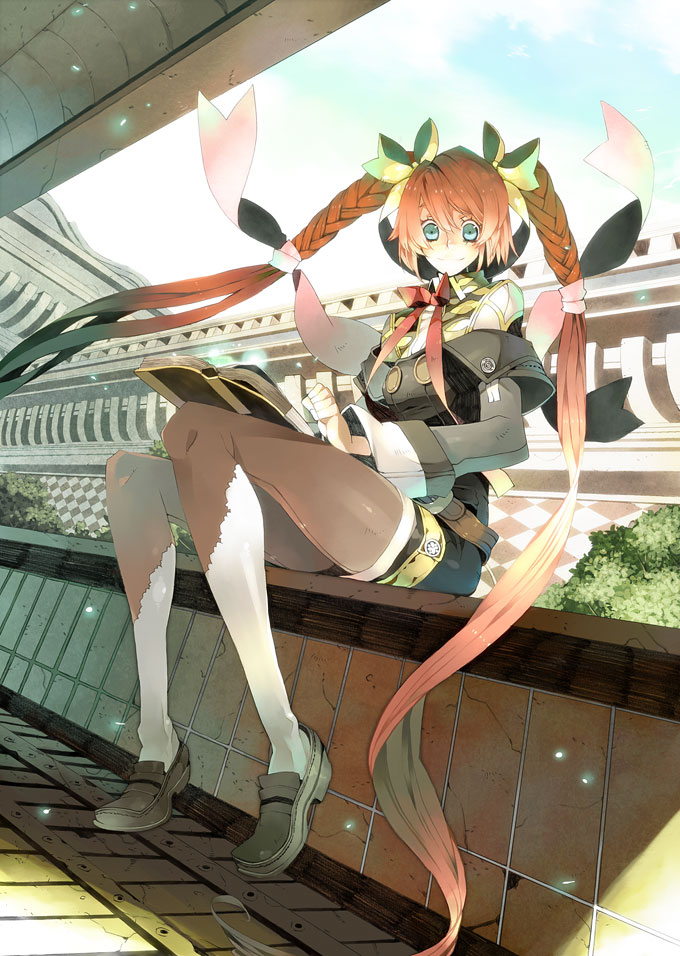 hair_ribbon, kukicha, long_hair, orange_hair, original, pantyhose, ribbon, sitting