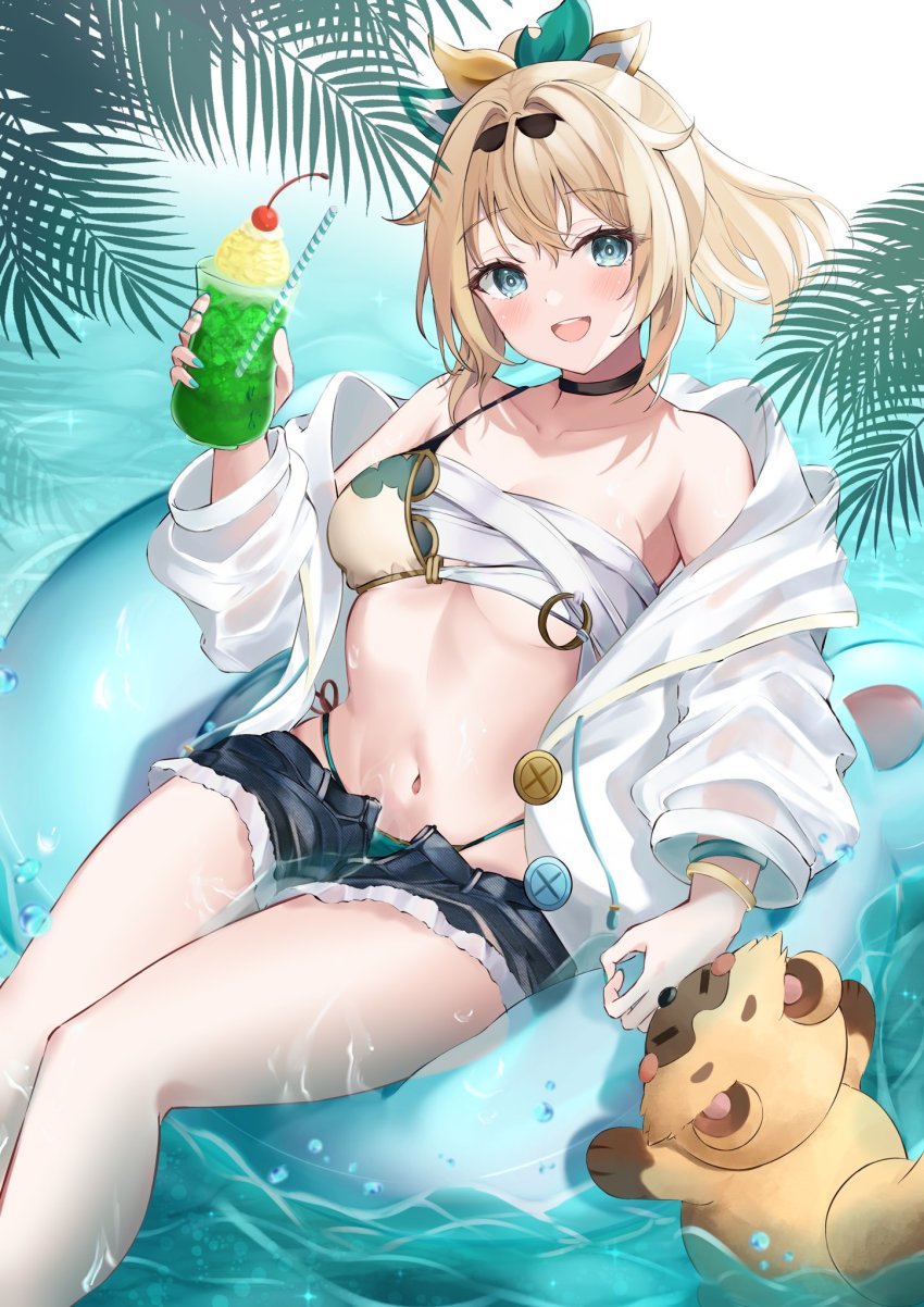 1girl, :d, aqua_eyes, blonde_hair, chest_sarashi, cocktail, denim, denim_shorts