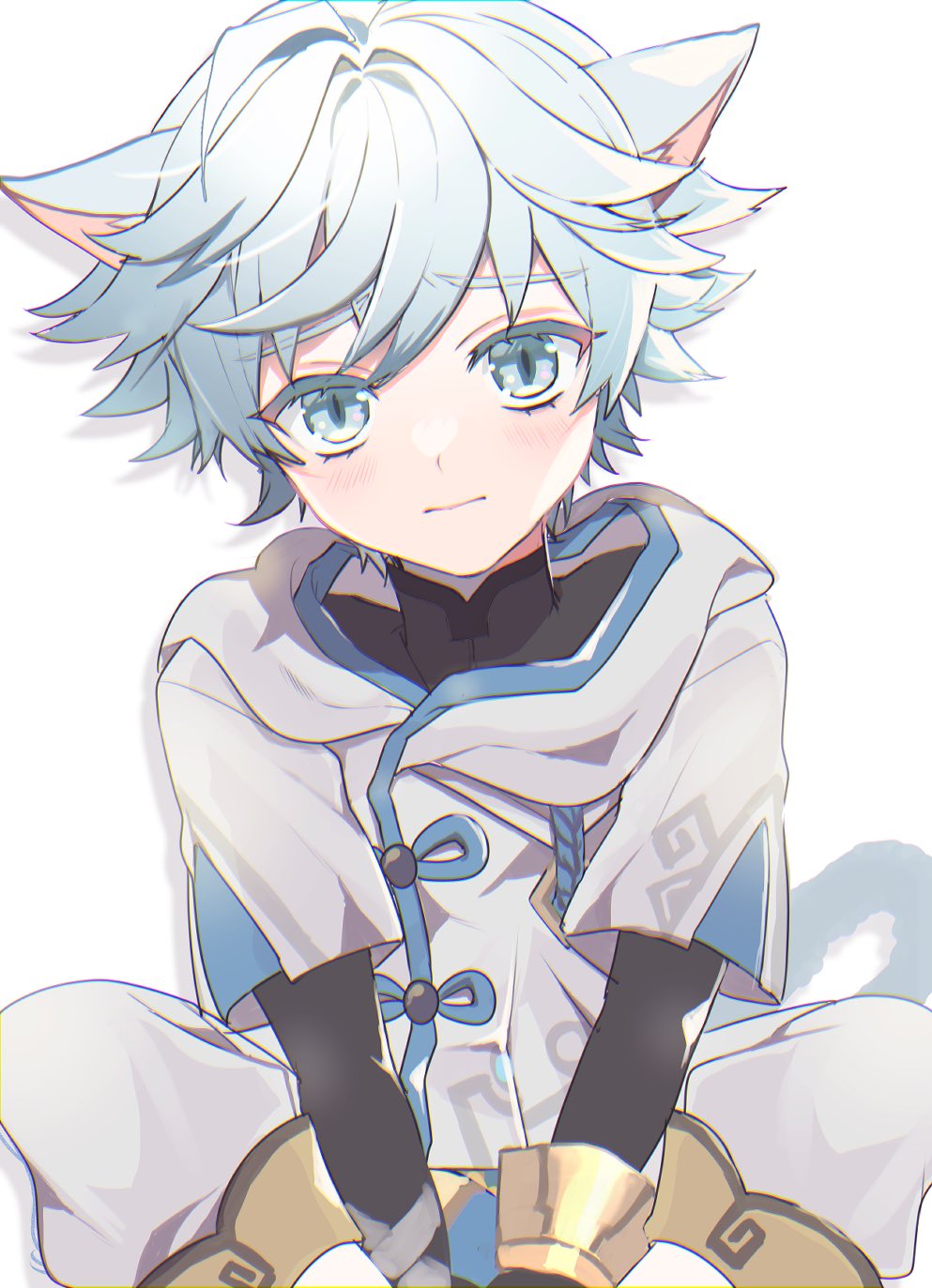1boy, animal_ears, black_bodysuit, blue_eyes, blush, bodysuit, bracelet, cat_boy, cat_ears, cat_tail, chongyun_(genshin_impact), closed_mouth, commentary, eyelashes, genshin_impact, hair_between_eyes, highres, hood, hood_down, hooded_jacket, ina_(t_play1125), jacket, jewelry, kemonomimi_mode, looking_at_viewer, male_focus, raised_eyebrows, short_hair, short_sleeves, sitting, solo, untranslatable_commentary, tail, white_background, white_jacket