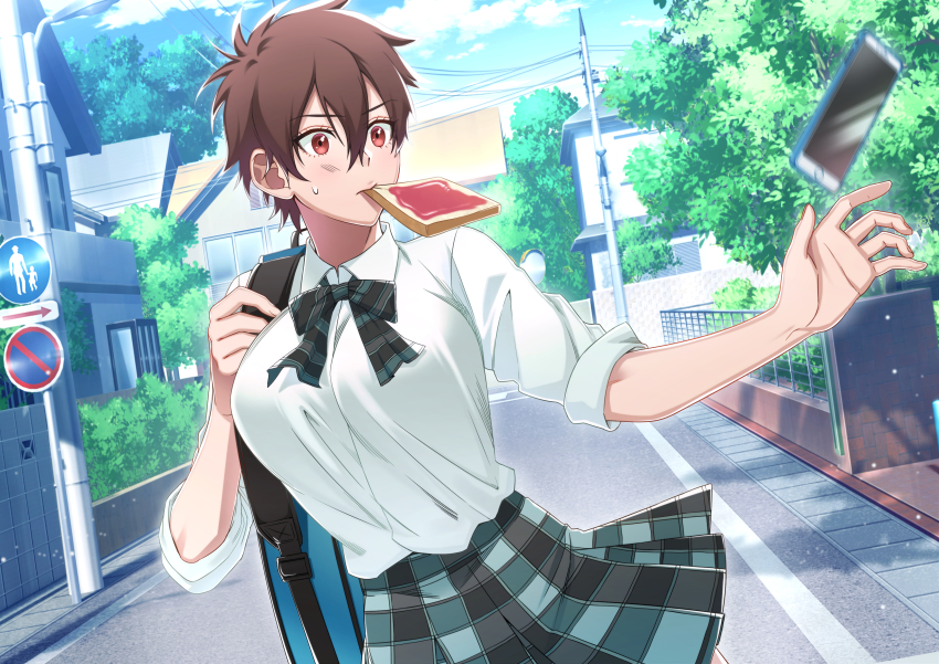 1girl, absurdres, aragaki_nagisa, breasts, brown_hair, cellphone, dutch_angle, hanebado!, highres, kurokiseow, large_breasts, late_for_school, phone, red_eyes, ribbon, school_uniform, short_hair, skirt, smartphone, sweat, tomboy, upper_body