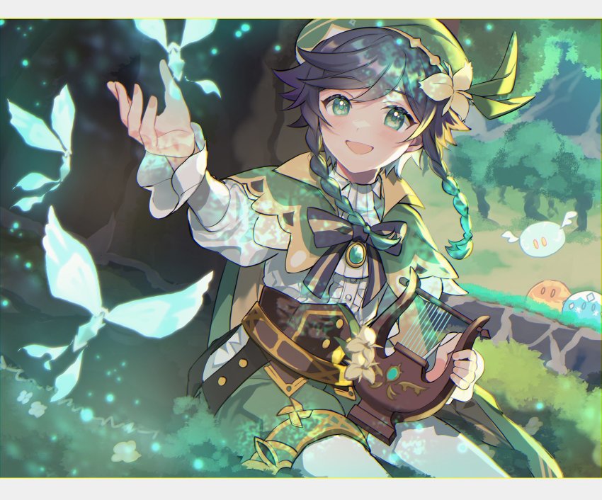 1boy, :d, aqua_hair, beret, black_bow, black_bowtie, black_hair, blush