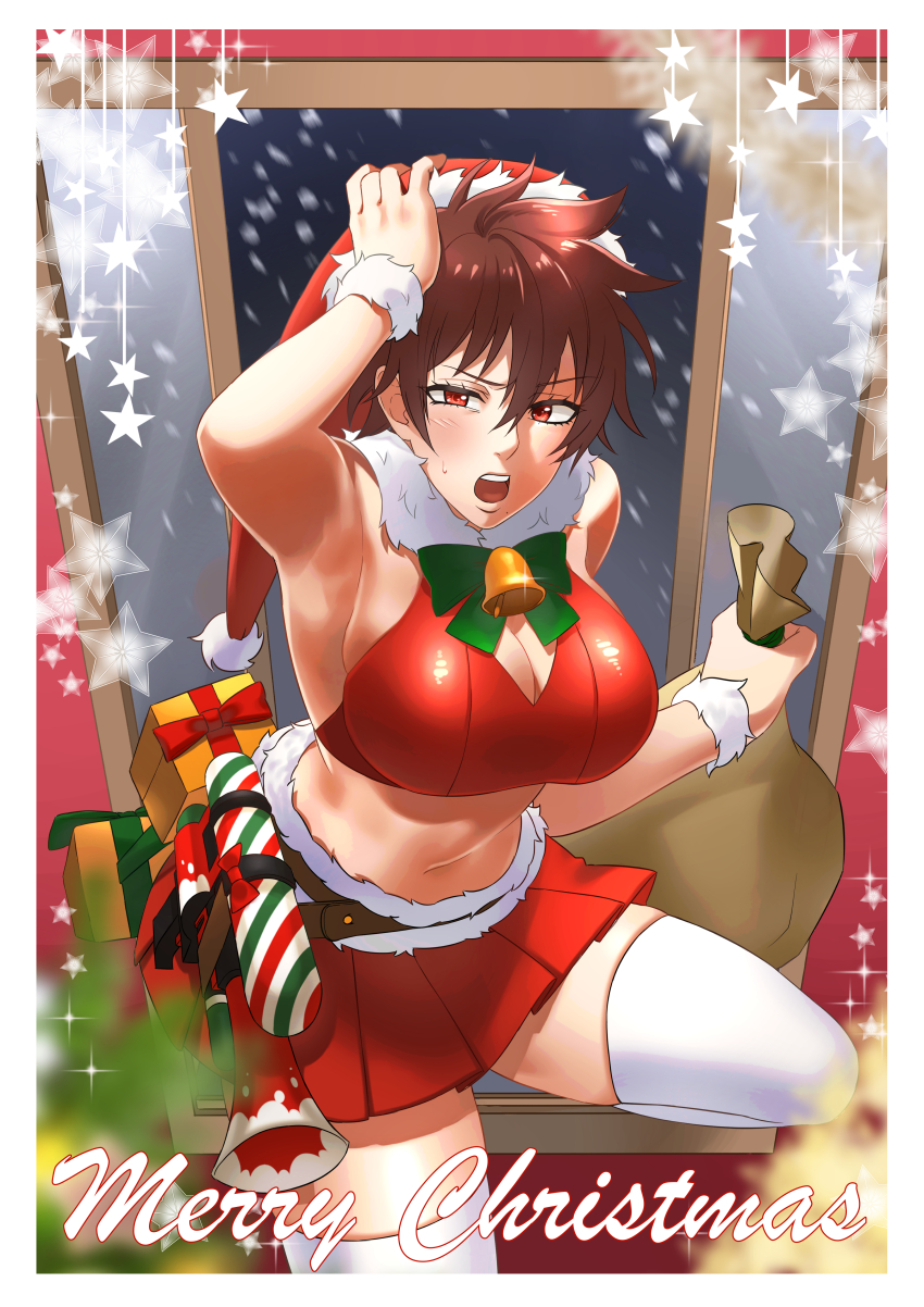 1girl, absurdres, aragaki_nagisa, arm_up, armpits, breasts, brown_hair, cleavage