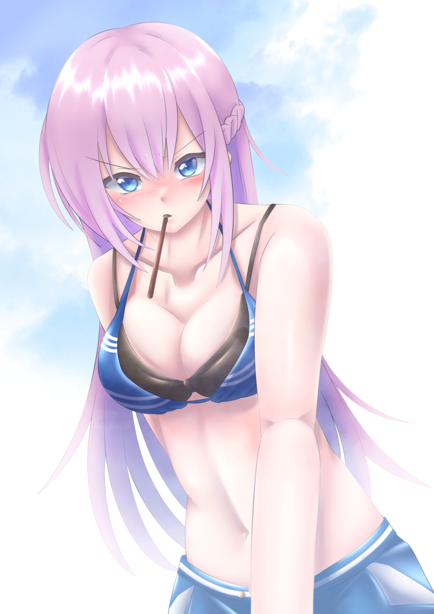 1girl, bikini, black_bikini, blue_bikini, blue_eyes, blush, braid, breasts, chooper, cleavage, cloud, cloudy_sky, commentary_request, cowboy_shot, food, highres, kawaii_dake_ja_nai_shikimori-san, large_breasts, long_hair, navel, pink_hair, pocky, shikimori_miyako, sky, solo, swimsuit, swimsuit_under_swimsuit