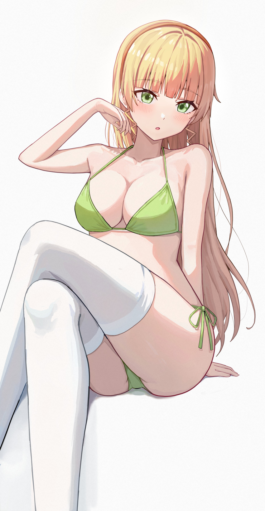 1girl, :o, absurdres, adjusting_hair, arm_behind_back, arm_support, bare_shoulders, bikini