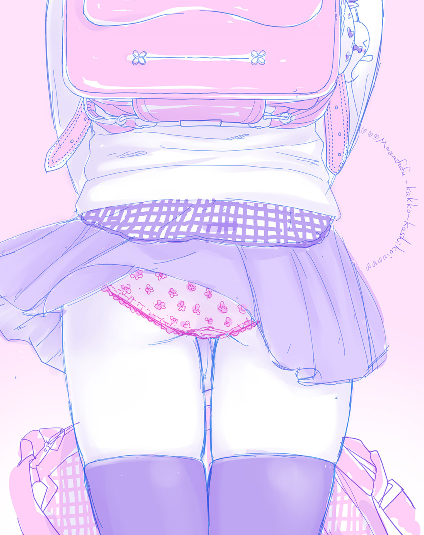 1girl, ass, ass_focus, backpack, bag, feet_out_of_frame, female_focus, from_behind, head_out_of_frame, highres, jojifuku, limited_palette, loli, mayafufu, original, pale_color, panties, pink_panties, print_panties, purple_skirt, purple_thighhighs, randoseru, skirt, solo, thighhighs, underwear, upskirt