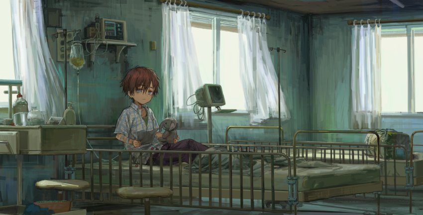 1boy, absurdres, bed, blanket, blue_eyes, bottle, brown_hair, candy