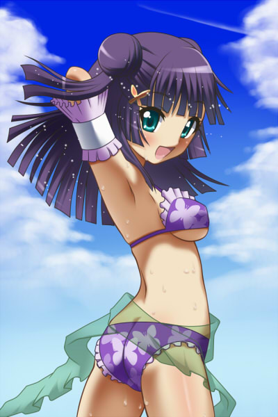 1girl, aqua_eyes, armband, armpits, arms_behind_head, ass, awa, back, bikini, breasts, bug, butt_crack, butterfly, cloud, day, double_bun, female_focus, frilled_bikini, frills, from_behind, hair_bun, hair_ornament, hairclip, hime_chen!_otogi_chikku_idol_lilpri, insect, lilpri, long_hair, looking_back, medium_breasts, outdoors, print_bikini, purple_hair, sarong, sasahara_natsuki_(lilpri), see-through_clothes, see-through_sarong, sky, solo, swimsuit, underboob, wet
