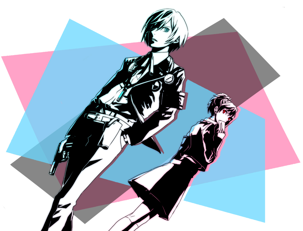 atlus, blue_eyes, bow, card, mp3_player, gun, headphones, holding, holding_card, holster, kneehighs, looking_back, persona, persona_3, persona_3_portable, red_eyes, ribbon, school_uniform, shiomi_kotone, skirt, socks, utk-utk, weapon, yuuki_makoto_(persona_3)