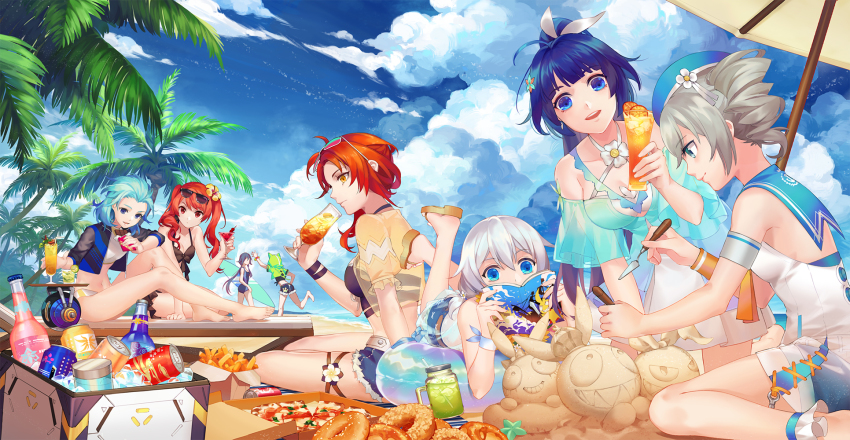 6+girls, :d, ahoge, beach, beach_umbrella, beret, bikini, black_bikini