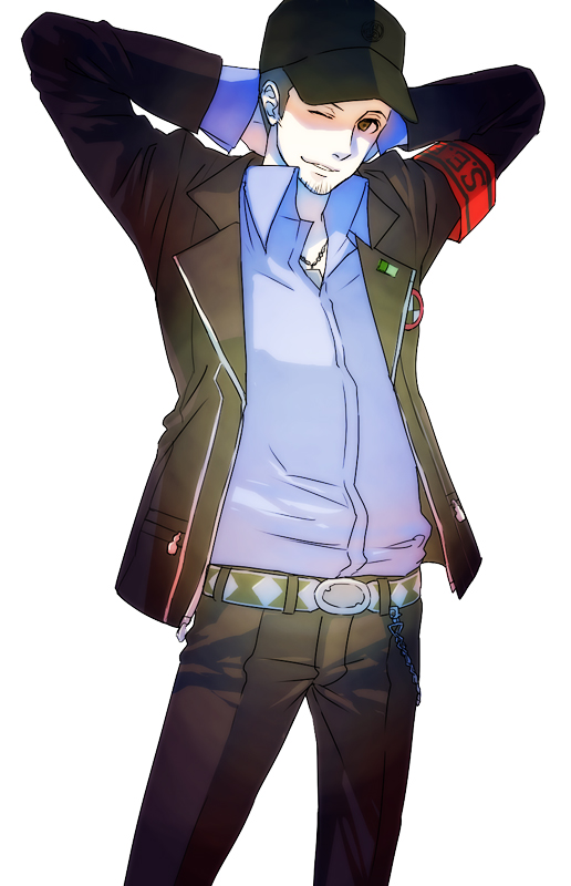 1boy, armband, arms_behind_head, atlus, brown_eyes, chain, hat, iori_junpei