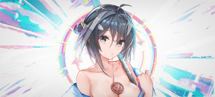 1girl, absurdres, ahoge, arknights, bare_shoulders, black_hair, breasts, chinese_commentary